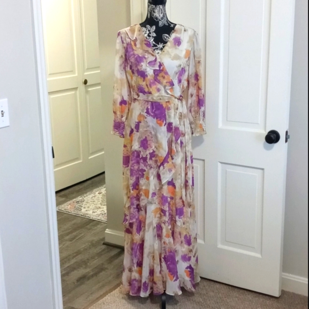 💜Taylor💜 - Purple/Peach/Cream Floral Chiffon Ruffle L/S V-Neck Midi Dress - Picture 1 of 16